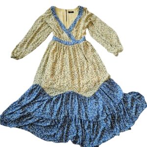 Tahari Floral V Neck Long Sleeves Belted Tiered Maxi Dress, Yellow/ Blue